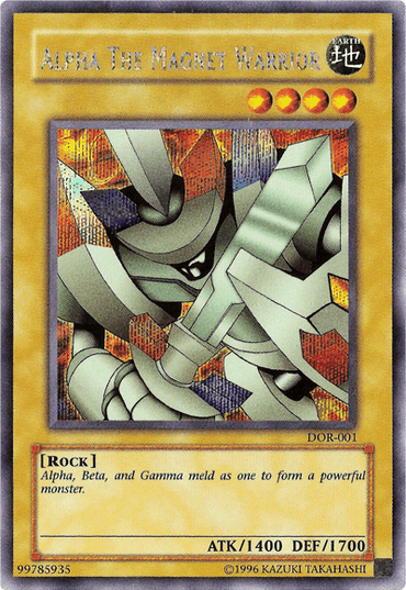 Image of a Yu-Gi-Oh! trading card titled "Alpha the Magnet Warrior [DOR-001] Secret Rare." This Normal Monster from the Duelist of the Roses set features a metallic, robot-like warrior in a dynamic pose against a mosaic backdrop. With ATK 1400 and DEF 1700, its card type is [ROCK].