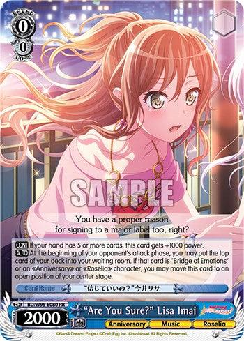 Image of a trading card featuring "Are You Sure?" Lisa Imai [BanG Dream! Girls Band Party! 5th Anniversary] from the Bushiroad brand. The character, a girl with long orange hair and brown eyes, wears a lavender jacket. The card includes stats like cost (0), power (2000), and ability details related to deck manipulation. A "SAMPLE" watermark is overlaid.