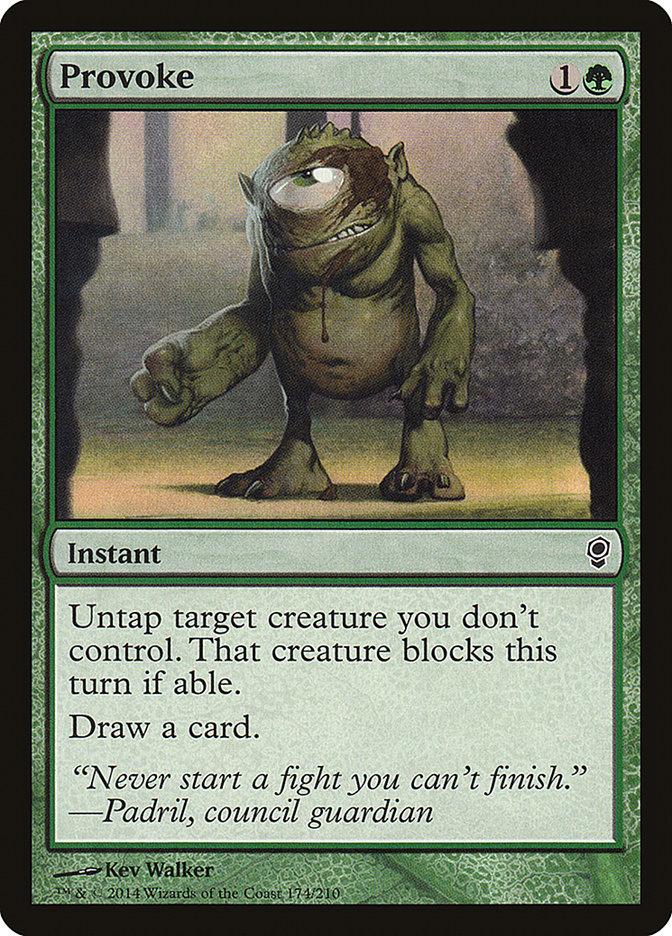 The "Provoke [Conspiracy]" Magic: The Gathering card, with a green border, depicts an ogre-like creature roaring on a stone floor. As an instant spell, it untaps a target creature, forces it to block, and lets you draw a card.