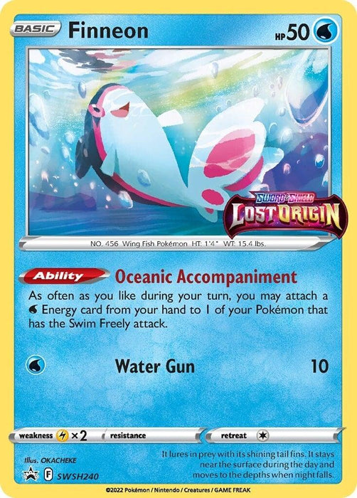 Image shows a Pokémon trading card titled "Finneon (SWSH240) [Sword & Shield: Black Star Promos]," featuring a blue, pink, and white fish-like Pokémon swimming underwater. The card's stats include 50 HP, a Water Gun attack costing 1 energy that does 10 damage, and an ability called Oceanic Accompaniment. It's from the "Sword & Shield: Black Star Promos" set by Pokémon.