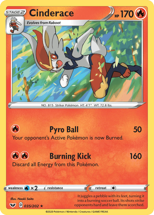 A Pokémon trading card depicts Cinderace, a rabbit-like creature with orange and white fur and fiery accents, dynamically kicking a fireball. The Holo Rare card’s details show Cinderace has 170 HP, with moves "Pyro Ball" and "Burning Kick." It is an illustrated Fire Type card by Naoki Saito from the product *Cinderace (035/202) [Sword & Shield: Base Set]* by Pokémon.
