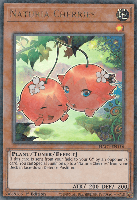 A Yu-Gi-Oh! trading card titled "Naturia Cherries (Duel Terminal) [HAC1-EN116] Parallel Rare." The image depicts two anthropomorphic cherries with faces, hands, and leaves as wings, set against a forest background. This 1st Edition, Parallel Rare card has an Earth attribute and is a Plant/Tuner/Effect Monster with 200 ATK/200 DEF.