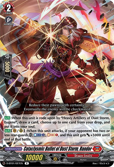 A vibrant trading card titled "Cataclysmic Bullet of Dust Storm, Randor (D-BT01/027EN)" from Bushiroad's Dragon Empire series, Genesis of the Five Greats. This rare card features a fierce humanoid figure armed with dynamic weaponry amidst swirling energy. The bottom of the card includes text, stats such as 10000 power, and abilities in small boxes.