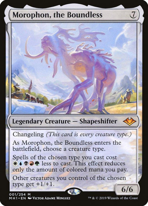 The image displays a Magic: The Gathering card titled "Morophon, the Boundless [Modern Horizons]," a Mythic Rare from Modern Horizons. This Legendary Creature – Shapeshifter boasts a 6/6 power and toughness, with Changeling abilities and casting cost reduction for chosen types. The illustration depicts a luminous, ethereal creature with multiple legs in a surreal, colorful landscape.