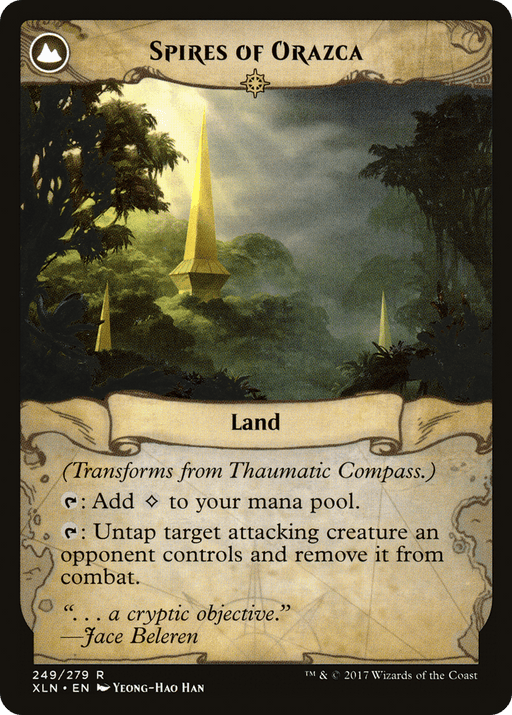 The image shows a Magic: The Gathering card named "Thaumatic Compass // Spires of Orazca [Secret Lair: From Cute to Brute]." It is a land card that can add colorless mana to your pool or untap and remove an attacking creature from combat. The illustration, reminiscent of a Secret Lair set, features golden spires rising from lush green jungle foliage under a cloudy sky.