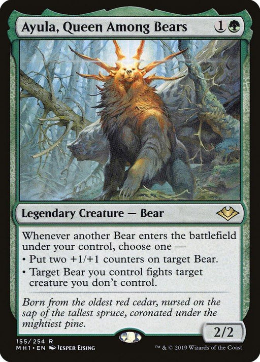 Magic: The Gathering card titled "Ayula, Queen Among Bears [Modern Horizons]." This rare card features a powerful bear with a crown-like halo of light, standing on its hind legs in a forest. It’s a Legendary Creature – Bear, with a cost of 1 green and 1 colorless mana, and power/toughness of 2/2.
