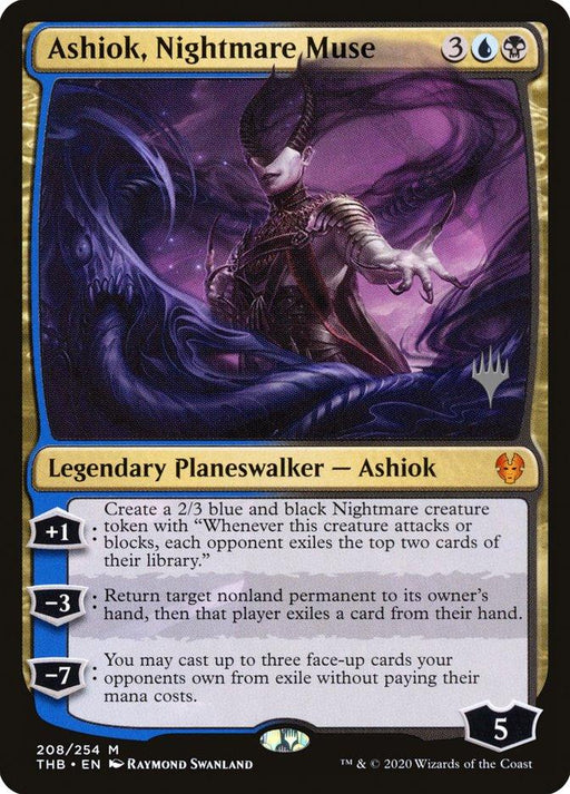 A Magic: The Gathering card titled "Ashiok, Nightmare Muse (Promo Pack) [Theros Beyond Death Promos]" from the Theros Beyond Death Promos. It is a Legendary Planeswalker with a black, blue, and gold color scheme. Ashiok is depicted wearing a detailed mask and dark garments, with swirling purple energy around them; it has three abilities and five loyalty points.