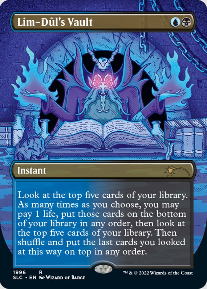 A mystical card, "Lim-Dul's Vault (Borderless)" from Magic: The Gathering, marks the 30th Anniversary with a Secret Lair Countdown Kit. It features a dark, cloaked figure with glowing blue eyes seated on a throne amidst arcane symbols. The vibrant blue and purple background amplifies its instant allure.