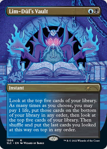 A mystical card, "Lim-Dul's Vault (Borderless)" from Magic: The Gathering, marks the 30th Anniversary with a Secret Lair Countdown Kit. It features a dark, cloaked figure with glowing blue eyes seated on a throne amidst arcane symbols. The vibrant blue and purple background amplifies its instant allure.