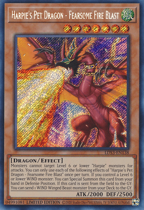 A Yu-Gi-Oh! Effect Monster card titled "Harpie's Pet Dragon - Fearsome Fire Blast [LDS3-EN138] Secret Rare." This striking card from Legendary Duelists: Season 3 features a red dragon with black accents, breathing fire against a vibrant backdrop. The dragon boasts impressive stats: ATK/2000 and DEF/2500.