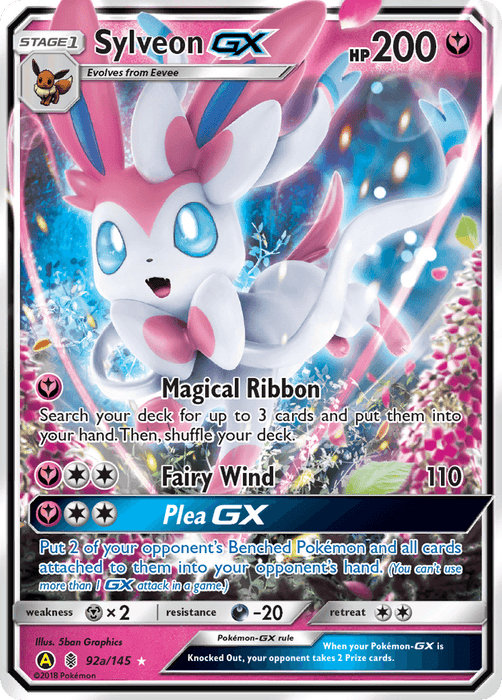 A Sylveon GX (92a/145) [Alternate Art Promos] Pokémon card with 200 HP, predominantly pink and white, features an image of Sylveon against a colorful background. Text includes attacks like Magical Ribbon and Fairy Wind, along with the Plea GX move. This Promo card's lower section shows info on weaknesses, resistance, and illustrator details.