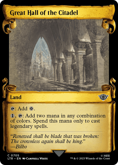 A card from the Magic: The Gathering game titled "Great Hall of the Citadel [The Lord of the Rings: Tales of Middle-Earth Showcase Scrolls]." It features an ancient hall with arched stone windows on the left side, evoking a sense of Middle-Earth. The card's game effects include adding mana and special abilities for casting legendary spells. A quote from Bilbo is at the bottom.