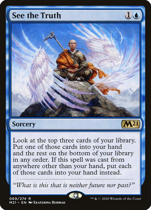 A "Magic: The Gathering" card titled "See the Truth [Core Set 2021]," from Magic: The Gathering, with a blue border. The card depicts a seated, meditative figure with a glowing aura, holding a staff with flowing water-like energy. Surrounding them are ethereal, wing-like shapes. Flavor text reads, "What is this that is neither future nor past?