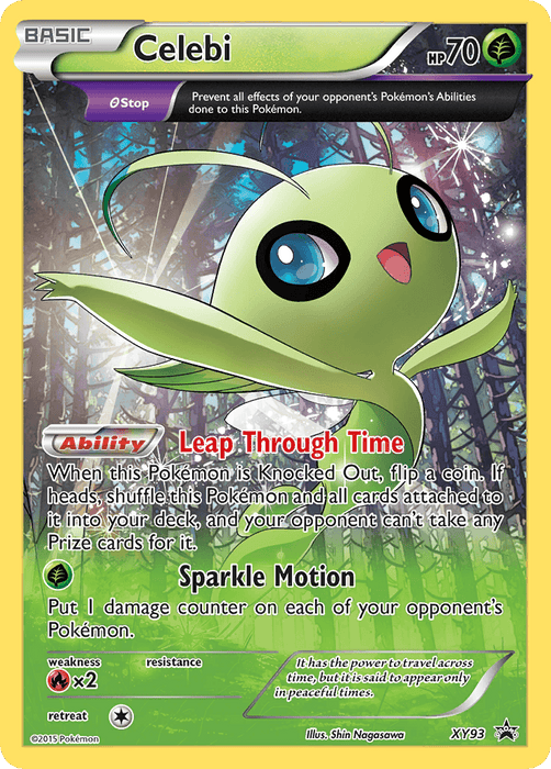 A Pokémon card featuring Celebi, depicted as a green, fairy-like creature with large blue eyes, tiny limbs, and antennae, floating in a mystical forest. This Grass-type card details 70 HP, the abilities "Leap Through Time" and "Sparkle Motion," and illustrations by Shin Nagasawa. It's a beautiful Pokémon Celebi (XY93) [XY: Black Star Promos].