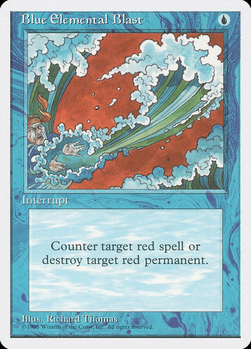 A "Magic: The Gathering" trading card titled Blue Elemental Blast [Fourth Edition] from the brand Magic: The Gathering. The card's intricate blue border frames an illustration of a powerful wave of water, filled with splashes and foam, crashing down and engulfing flames. The text reads: "Counter target red spell or destroy target red permanent.