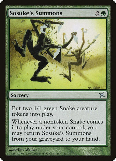 A Magic: The Gathering card named "Sosuke's Summons [Betrayers of Kamigawa]" features shadowy, green-toned snake-like creatures emerging from a glowing portal. This green sorcery spell costs 2 colorless and 1 green mana, allowing the player to create two 1/1 green Snake creature tokens.