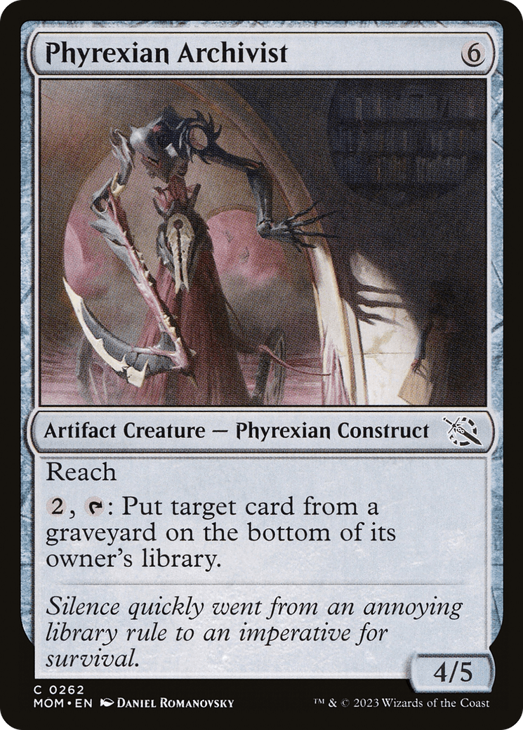 A Phyrexian Archivist [March of the Machine] card from the Magic: The Gathering game. The Artifact Creature features an eerie, twisted figure holding a staff with an eye-like structure at the top. The Phyrexian Construct is shrouded in mist and shadow. The card text describes its abilities and characteristics, including its Reach and mana cost.