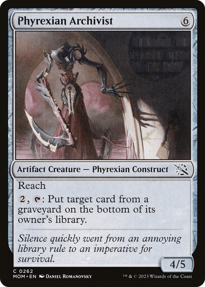 A Phyrexian Archivist [March of the Machine] card from the Magic: The Gathering game. The Artifact Creature features an eerie, twisted figure holding a staff with an eye-like structure at the top. The Phyrexian Construct is shrouded in mist and shadow. The card text describes its abilities and characteristics, including its Reach and mana cost.