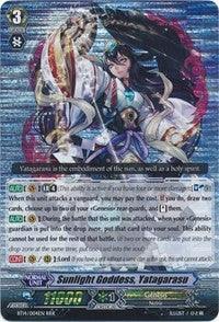 A card from a trading card game depicts "Sunlight Goddess, Yatagarasu (BT14/004EN) [Brilliant Strike]." The Triple Rare card from Bushiroad features an illustrated woman in ornate white armor with black hair, holding a bow and surrounded by beams of light. The background contains celestial motifs and text detailing the Genesis card's abilities and stats.