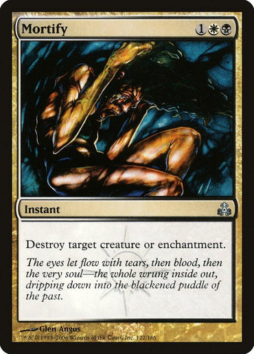 The Magic: The Gathering card named "Mortify [Guildpact]" depicts a distressed figure shielding their face, surrounded by dark, swirling colors. This Instant card requires one white mana, one black mana, and one colorless mana to play and enables you to destroy a target creature or enchantment.