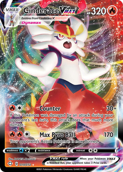 A Pokémon trading card of Cinderace VMAX (019/072) [Sword & Shield: Shining Fates] from the Pokémon series. This Ultra Rare card is colorful, featuring Cinderace in a dynamic pose. Its HP is 320 and it has moves "Counter" and "Max Pyro Ball." Text at the bottom includes the illustrator's name, card number (019/072), and other details.