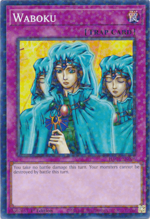 Yu-Gi-Oh! trading card titled "Waboku (Duel Terminal) [HAC1-EN026] Common." The artwork depicts three women in blue hoods and robes, holding staffs with a glowing orb. This Normal Trap card, found in Hidden Arsenal: Chapter 1, features text: "You take no battle damage this turn. Your monsters cannot be destroyed by battle this turn.