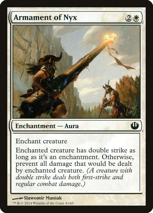 A Magic: The Gathering card titled "Armament of Nyx [Journey into Nyx]" from the Magic: The Gathering set. It features artwork depicting two warriors in a mountainous landscape, with one pointing a glowing spear. The enchantment aura provides double strike to an enchanted creature, illustrated by Slawomir Maniak.