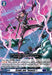 The trading card "Crawl, you 'Insects'!" (D-BT01/037EN) from Bushiroad's "Genesis of the Five Greats" set depicts an armored character with spiky purple hair wielding two energy swords. The character is standing on a landscape of cracked rocky terrain under a stormy, lightning-filled sky. The card's borders feature game stats and gameplay text relevant to the Dark States realm.