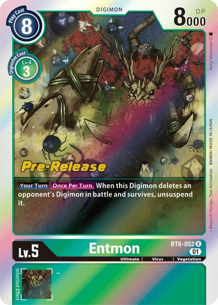 This Entmon card from the Digimon Double Diamond Pre-Release set (card number BT6-052) highlights Entmon with a play cost of 8 and 8000 DP. As a Level 5, Ultimate, Virus type with a green-purple gradient, it includes the 