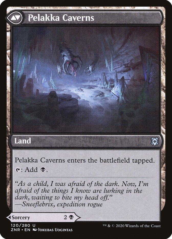 A "Magic: The Gathering" card named "Pelakka Predation // Pelakka Caverns" from Zendikar Rising. This uncommon Land enters the battlefield tapped and can add one black mana when tapped. The artwork shows a dark, cavernous scene with eerie, glowing crystals and a menacing creature lurking in the shadows. Flavor text by Sneefelbritz, expedition rogue. Artist: Jokubas Uogintas.