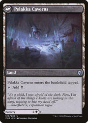 A "Magic: The Gathering" card named "Pelakka Predation // Pelakka Caverns" from Zendikar Rising. This uncommon Land enters the battlefield tapped and can add one black mana when tapped. The artwork shows a dark, cavernous scene with eerie, glowing crystals and a menacing creature lurking in the shadows. Flavor text by Sneefelbritz, expedition rogue. Artist: Jokubas Uogintas.