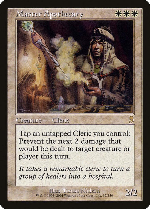 A "Magic: The Gathering" card titled "Master Apothecary [Odyssey]" depicts a wise-looking Human Cleric mixing potions, surrounded by mystical smoke and various alchemical tools. This rare card has a white mana cost of three and features the abilities to prevent damage along with the flavor text at the bottom. The cleric's power/toughness is 2/2.