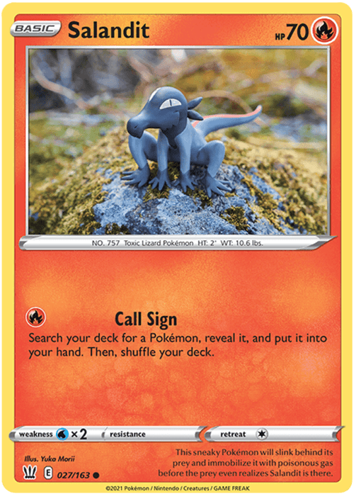 A Pokémon card from the Sword & Shield: Battle Styles series depicts Salandit, a small lizard-like creature with dark grey and orange coloration, standing on rocky ground. This is a Basic Pokémon card with 70 HP. The card features an attack called "Call Sign." Weakness is Water type, no resistance, and a retreat cost of one. The product name for this card is Salandit (027/163) [Sword & Shield: Battle Styles] by Pokémon.

