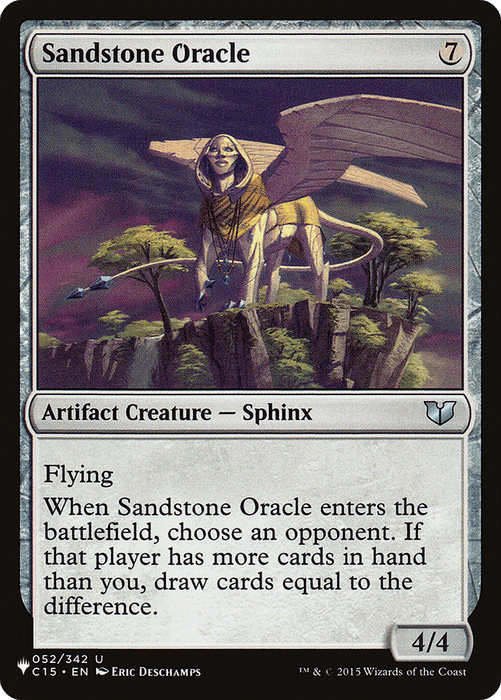 A Magic: The Gathering card titled "Sandstone Oracle [Secret Lair: From Cute to Brute]," an Artifact Creature with a casting cost of 7 colorless mana. Featuring a sphinx with a humanoid face, wings, and a lion's body perched on a stone structure, it boasts Flying and triggers its special ability upon entering the battlefield. Power and toughness: 4/4.