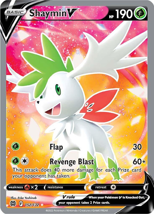 An image of an Ultra Rare Pokémon trading card featuring **Shaymin V (152/172) [Sword & Shield: Brilliant Stars]** from the Pokémon series. Shaymin is a white, hedgehog-like creature with a green back and pink flower petals. The card shows 190 HP, and two moves: "Flap" (30 damage) and "Revenge Blast" (60+ damage). Card number 152/172.