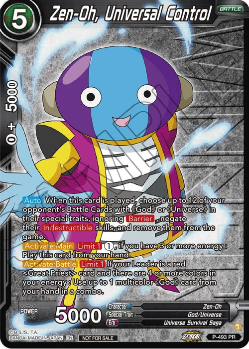 A trading card titled "Zen-Oh, Universal Control (Zenkai Series Tournament Pack Vol.3 Winner) (P-493) [Tournament Promotion Cards]" from Dragon Ball Super features a colorful character with a blue and purple face, wearing a yellow and pink robe. As part of the Universe Survival Saga set, this Tournament Promotion Card has yellow icons with the number 5 and the text "5000", "Power" and "Battle" displayed. Text details several game abilities and rules.