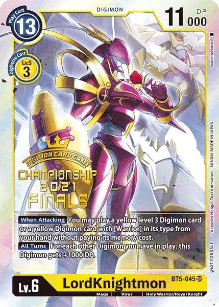 An image of a Digimon card featuring "LordKnightmon [BT5-045] (2021 Championship Finals Event Pack Alt-Art Gold Stamp Set) [Battle of Omni Promos]." The Super Rare card is labeled "BT5-045 SR" from the Battle of Omni set. It has a play cost of 13 and a DP of 11000. The background showcases an armored Digimon in pink and gold with the Digimon Card Game Championship 2021 Finals logo in the background.