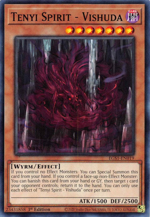 A Yu-Gi-Oh! trading card named "Tenyi Spirit - Vishuda [EGS1-EN019] Common" boasts a dark attribute. This Effect Monster features an illustration of a red, serpent-like dragon shrouded in a mystical aura. Its attributes, type (Wyrm/Effect), and effects are detailed on the card along with ATK 1500 and DEF 2500 values.