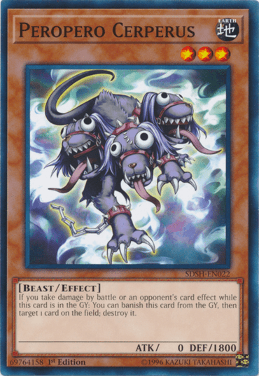 The Yu-Gi-Oh! card "Peropero Cerperus [SDSH-EN022] Common" from the Structure Deck: Shaddoll Showdown features a three-headed, purple cartoon beast with 0 ATK and 1800 DEF, set against a swirling blue and white backdrop.