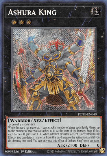 The image features a Yu-Gi-Oh! trading card named "Ashura King [POTE-EN048] Secret Rare," a Secret Rare Xyz/Effect Monster. It depicts a multi-armed, armored warrior with a blue body and red armor, equipped with swords. The card's attributes, effects, and statistics are displayed; it is a 1st Edition card with an ATK of 2100 and DEF of