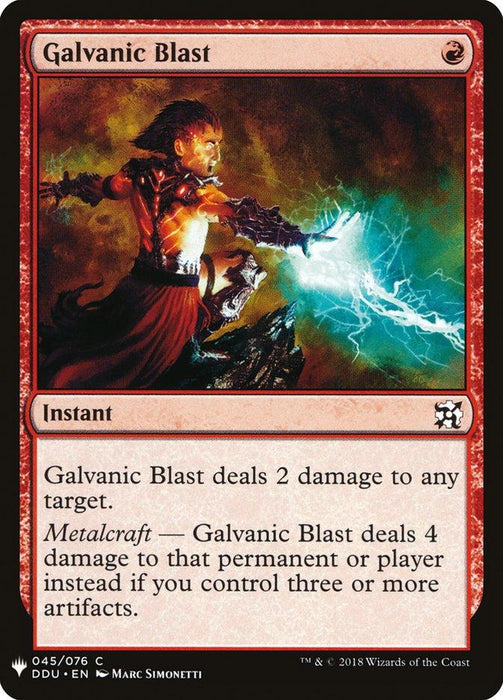 The "Galvanic Blast [Mystery Booster]" Magic: The Gathering card features a character in a red robe with dark hair, emitting a powerful blue and white lightning blast from their hand. The card text describes its instant damage-dealing abilities, with enhanced effects if controlling three or more artifacts.