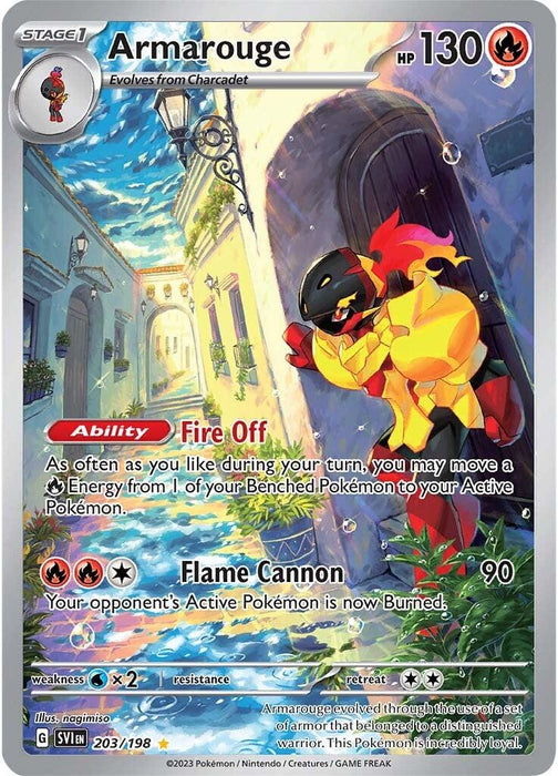 A Pokémon Armarouge (203/198) [Scarlet & Violet: Base Set] card from the Scarlet & Violet series, depicting Armarouge, a red and yellow armored creature with black arms, standing in a colorful alley adorned with plants and flowers. As a Secret Rare card numbered 203 out of 198, it features "Fire Off" and "Flame Cannon" abilities with 130 HP.