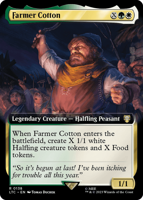 The image shows a Magic: The Gathering card named "Farmer Cotton (Extended Art) [The Lord of the Rings: Tales of Middle-Earth Commander]." It is a legendary creature card from Tales of Middle-Earth, featuring a halfling peasant. When the card is played, it generates 1/1 white Halfling creature tokens and Food tokens. The card displays the farmer in action with a lively background scene.