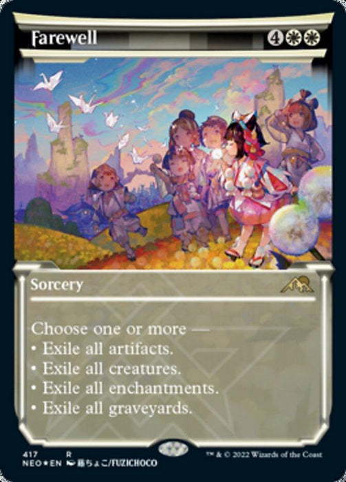 A Magic: The Gathering card titled "Farewell (Showcase) (Foil Etched) [Kamigawa: Neon Dynasty]" is shown. This rare sorcery costs 4 generic mana and 2 white mana to cast. It features an illustration of a group of anime-style characters releasing doves against a colorful, cloudy sky. Part of Kamigawa: Neon Dynasty, the card's text allows the player to exile artifacts, creatures, enchantments, or graveyards