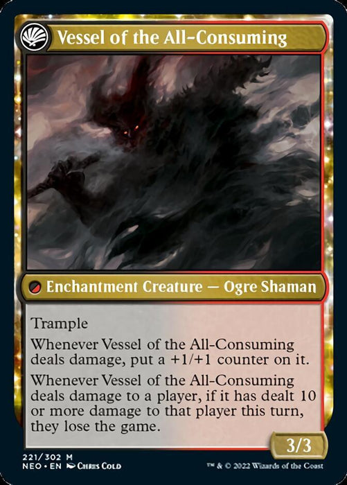 A Magic: The Gathering card titled "Hidetsugu Consumes All // Vessel of the All-Consuming [Kamigawa: Neon Dynasty]" from Magic: The Gathering. This Mythic red and black bordered card features a shadowy, monstrous figure with glowing red eyes emerging from dark smoke. It's a 3/3 enchantment creature — Ogre Shaman with Trample, gaining +1/+1 counters and exiling players upon dealing 10