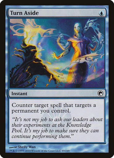 The Magic: The Gathering card "Turn Aside [Scars of Mirrodin]" showcases a blue, alien-like figure casting a glowing, swirling spell with one hand to deflect dark, clawed forces. This blue Instant card reads: "Counter target spell that targets a permanent you control.