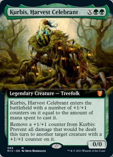 This Mythic card, "Kurbis, Harvest Celebrant (Extended Art)" from Magic: The Gathering's Innistrad: Midnight Hunt Commander set, is a Treefolk that uses branches and vines. It enters with +1/+1 counters and can prevent damage using them. Casting cost: X plus two green mana.