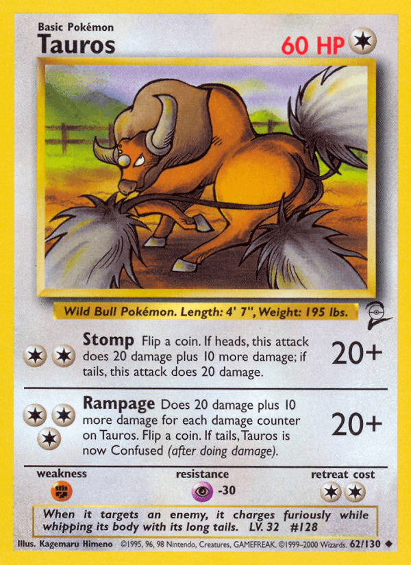 An image of a Tauros (62/130) [Base Set 2] Pokémon trading card. The card displays an illustration of the Colorless, brown, three-tailed bull charging forward with glowing red eyes. It has 60 HP and includes its height, weight, abilities Stomp and Rampage, along with details on weaknesses, resistance, and retreat cost. This is an Uncommon card.