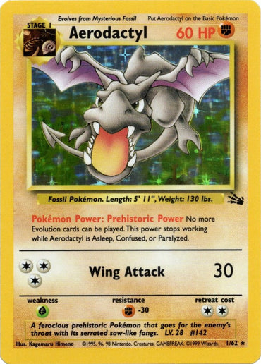 This Holo Rare trading card from the Pokémon brand highlights Aerodactyl with 60 HP, reflecting its prehistoric allure in a shimmering design. As a member of the Fossil Unlimited series, this Fighting-type card features abilities such as Prehistoric Power and Wing Attack, alongside information on weakness, resistance, and retreat cost.