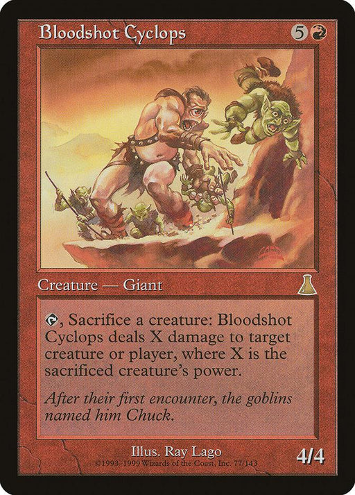 A Bloodshot Cyclops [Urza's Destiny], a rare find from Magic: The Gathering. It showcases a menacing giant cyclops holding a goblin in his left hand, with two other goblins falling in a fiery, chaotic background. The card's text explains its 4/4 ability. It features detailed artwork by Ray Lago and has a red border.